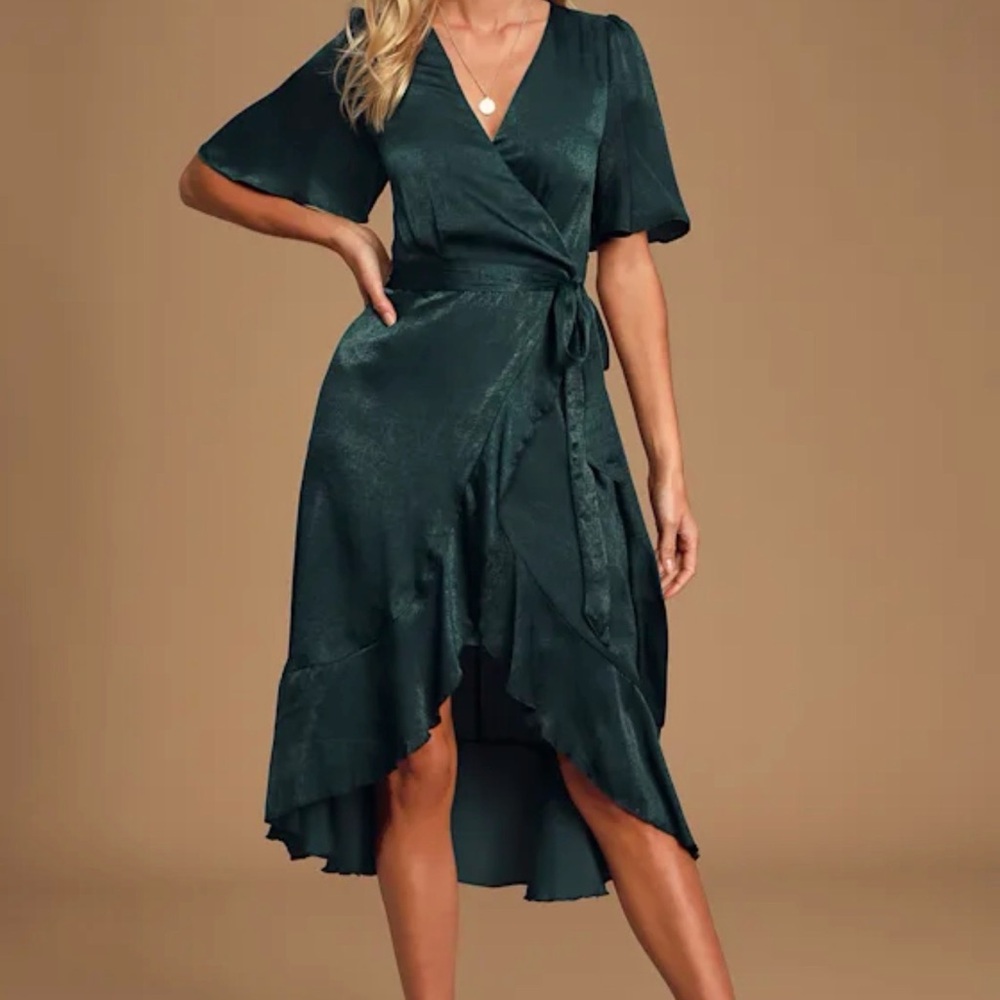 Lulu's Wrapped Up In Love Dark Green Satin Faux-Wrap Midi Dress size Small